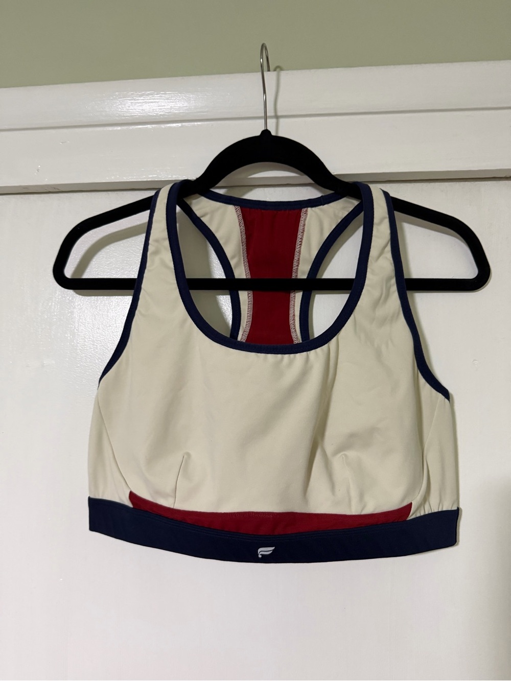 Fabletics Cream & Navy Racerback Sports Bra with Red Accent